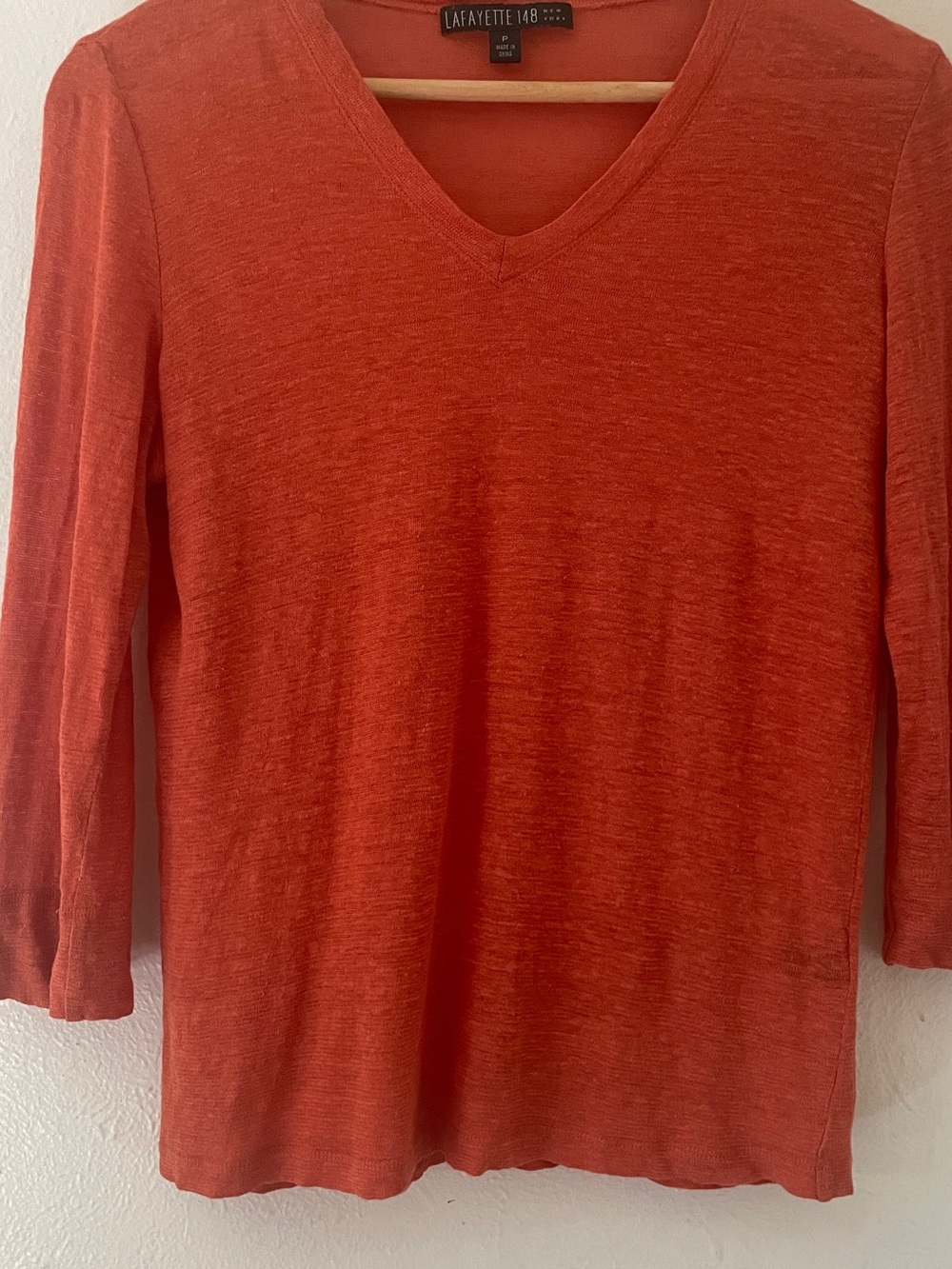 Lafayette 148 100% Linen Orange Lightweight V-Neck 3/4 Sleeve Top P